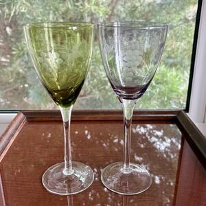 Hand Blown Wine Glasses Green & Purple Etched Grape Set of 2